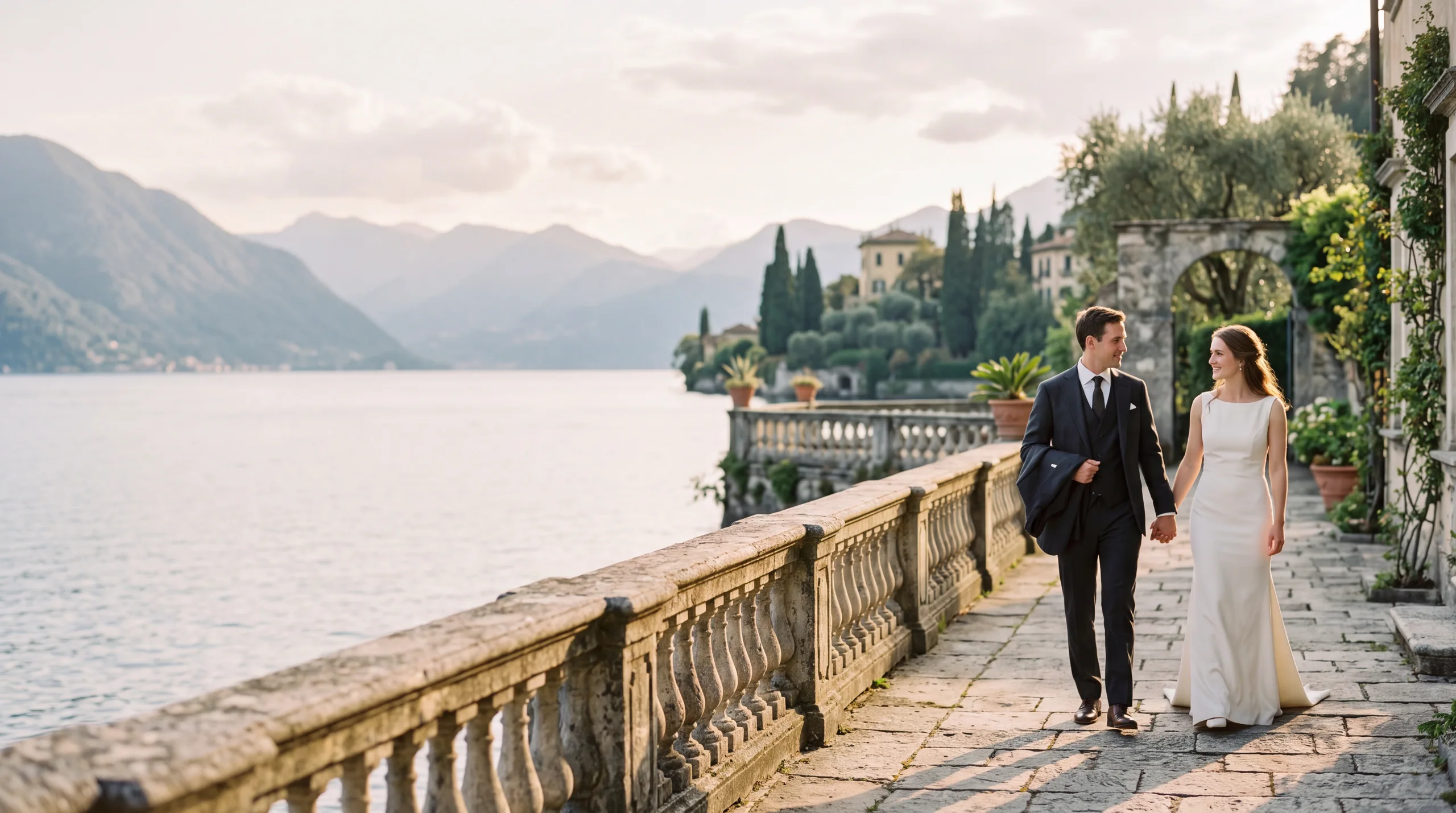 Una coppia passeggia su una terrazza affacciata sul lago, scena illustrativa italiana